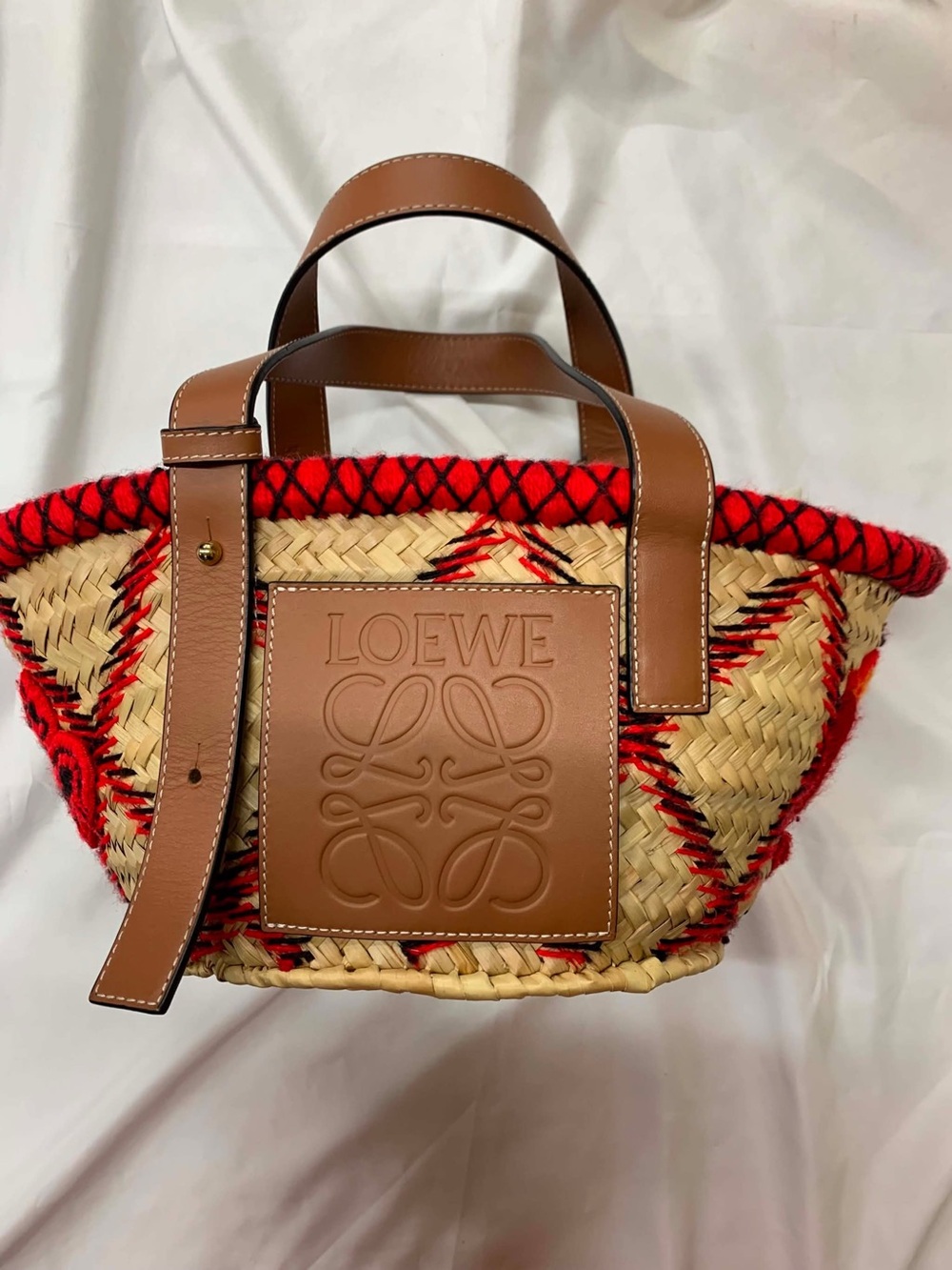 Loewe Straw Tote with Tan Leather and Red Trim. limited edition